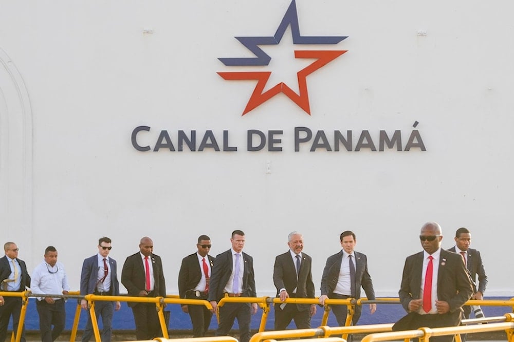 U.S. Secretary of State Marco Rubio, third from right, tours the Miraflores Locks at the Panama Canal in Panama City, Sunday, Feb. 2, 2025. (AP)