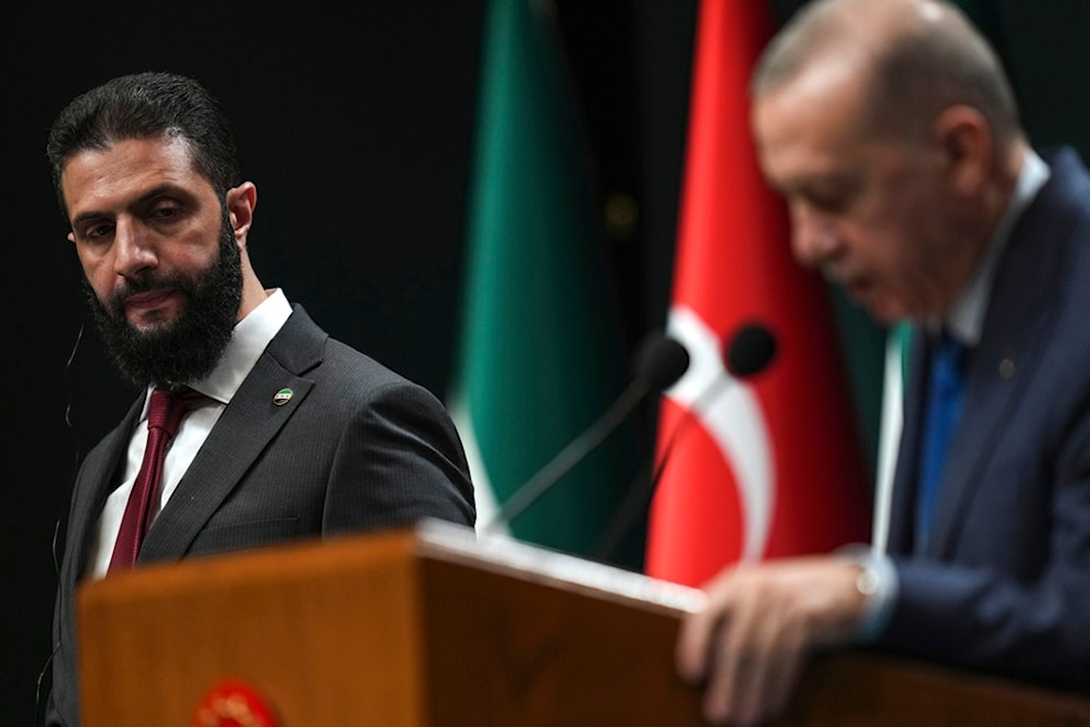 Turkish President Recep Tayyip Erdogan, right, and Syria's interim President Ahmad al-Sharaa, hold a joint press conference following their meeting at the presidential palace in Ankara, Turkey, Tuesday, Feb. 4, 2025 (AP)