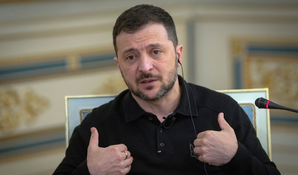 Ukrainian President Volodymyr Zelensky gestures as he speaks during an interview with The Associated Press in Kiev, Ukraine, Saturday, Feb. 1, 2025. (AP)