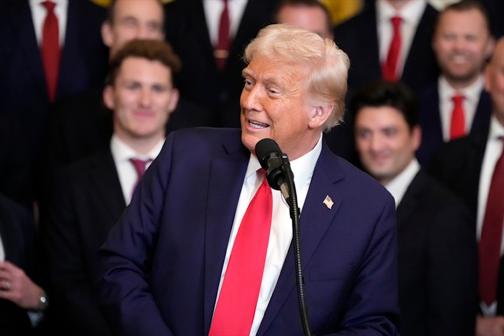 President Donald Trump speaks during a ceremony with the Florida Panthers NHL hockey team in the East Room of the White House, Monday, Feb. 3, 2025, in Washington (AP)