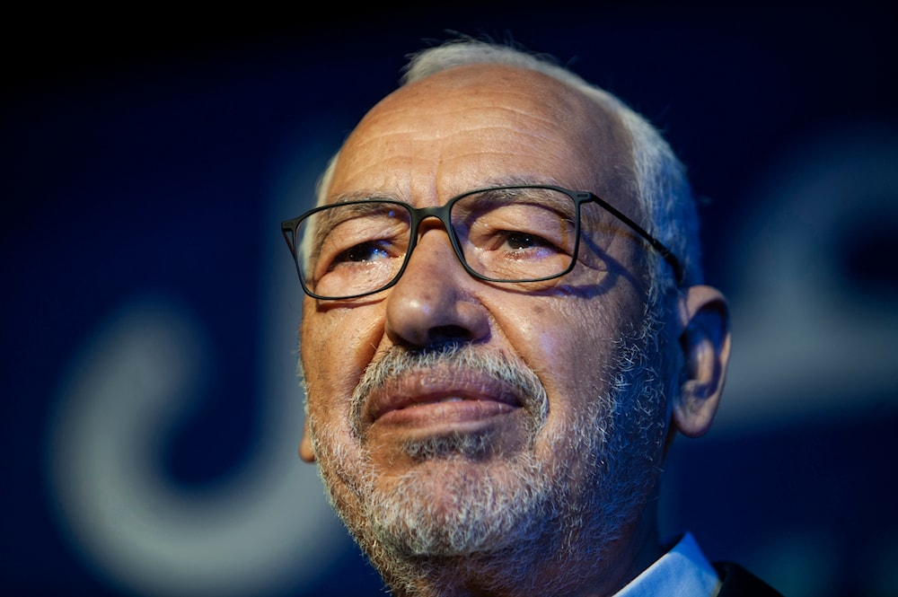 Islamist party leader and parliament speaker Rached Ghannouchi speaks during a meeting in Tunis, Tunisia, on Oct. 3, 2019. (AP)