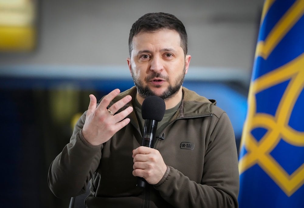 Ukrainian President Volodymyr Zelenskyy speaks at a subway news conference in Kyiv, April 23, 2022. (AP)