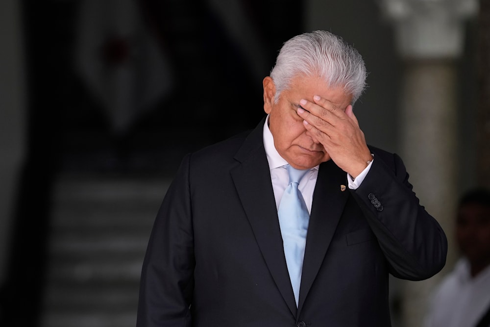 Panamanian President Jose Raul Mulino gestures before his meeting with Costa Rica's President Rodrigo Chaves Robles at the presidential palace in Panama City, Friday, Aug. 23, 2024. (AP)