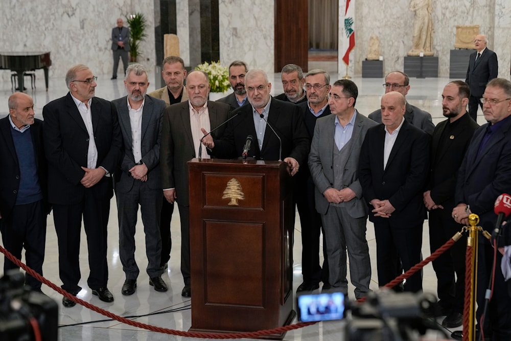 The head of Hezbollah's parliamentary bloc, Mohammed Raad, center, speaks to journalists after his meeting with Lebanese President Joseph Aoun at the presidential palace in Baabda, east of Beirut, Lebanon, Monday, Jan. 13, 2025. (AP)