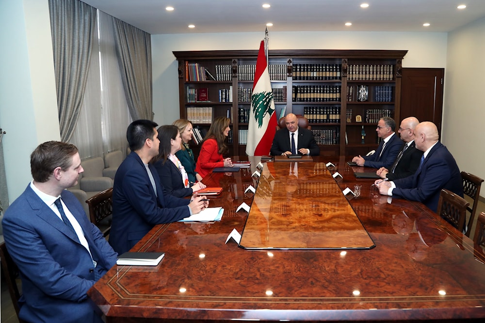 US Deputy Special Envoy for the Middle East Morgan Ortagus during a meeting with Lebanon's President Joseph Aoun (