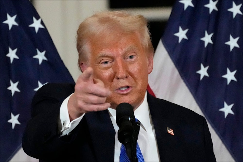 President Donald Trump speaks at a dinner with Senate Republicans at Mar-a-Lago in Palm Beach, Fla., Friday, Feb. 7, 2025 (AP)