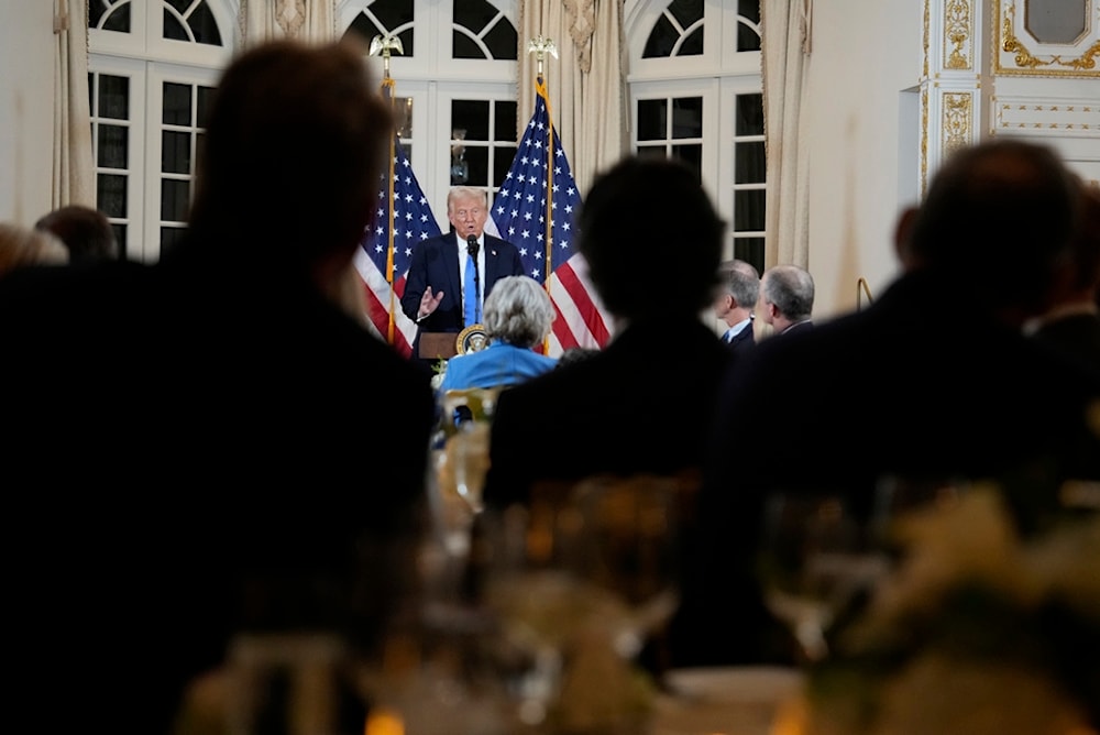 US President Donald Trump speaks at a dinner with Senate Republicans at Mar-a-Lago in Palm Beach, Fla., Friday, Feb. 7, 2025 (AP)