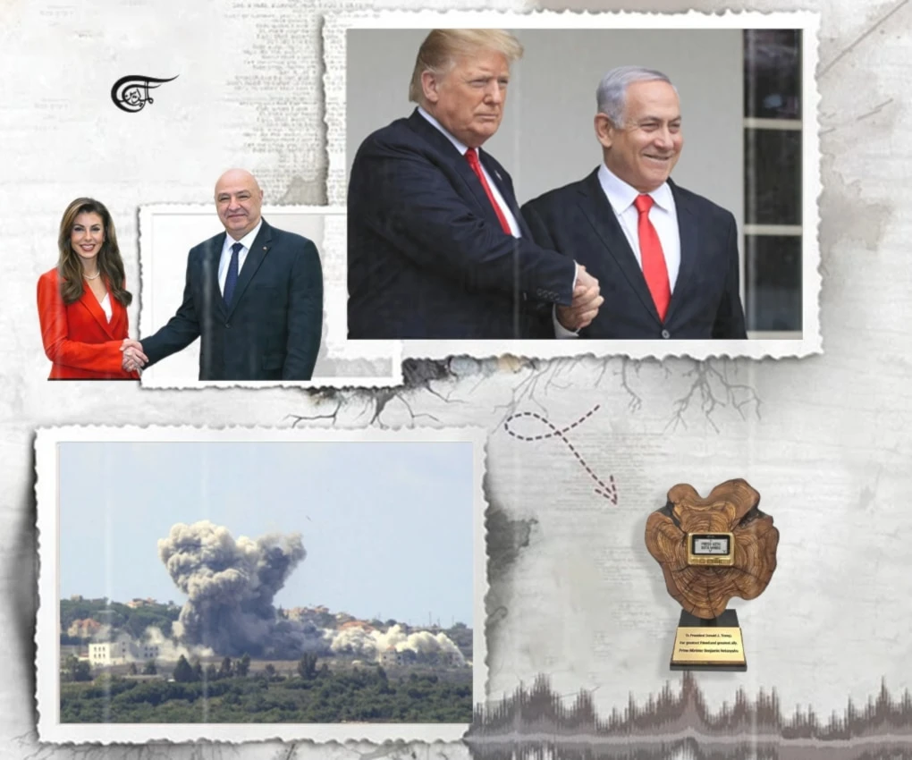 Trump’s new Middle East Envoy, Ortagus, one-upped Rice in her statements hailing the Israeli war and siege on Lebanon from the Lebanese Presidential palace in Baabda. (Al Mayadeen English; Illustrated by Batoul Chamas)