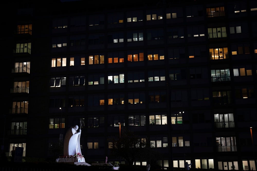 Night view of the Agostino Gemelli Polyclinic in Rome, Thursday, March 13, 2025, where Pope Francis is being treated for bilateral pneumonia since Feb.14. (AP)
