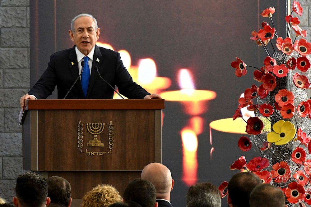 Israeli Prime Minister Benjamin Netanyahu speaks at a memorial ceremony for those killed by Hamas during the Oct. 7, 2023 attack, in Jerusalem, Oct. 28, 2024 (AP)