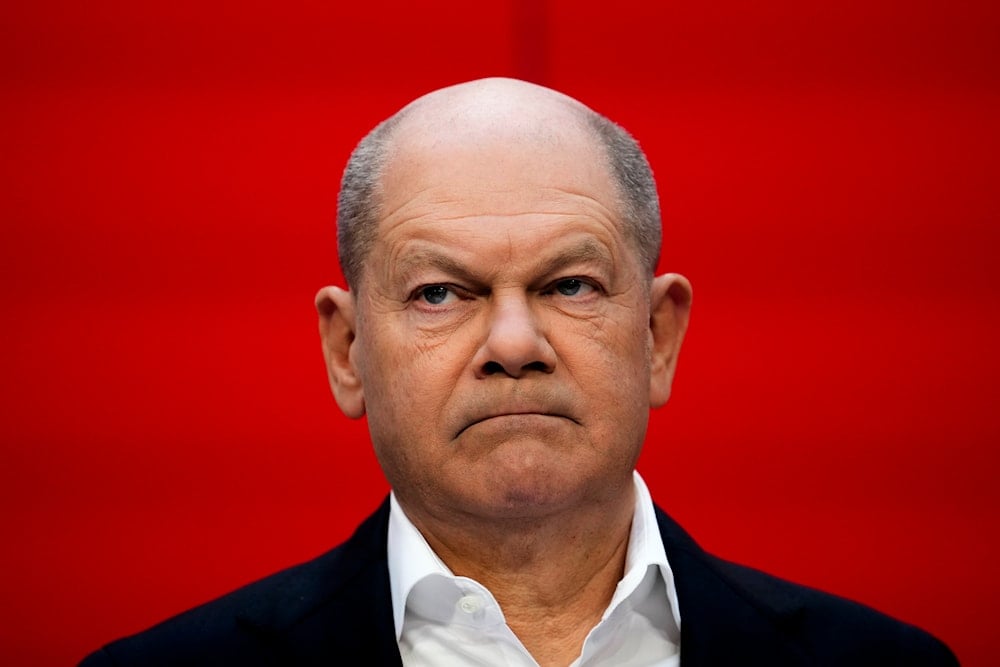 German Chancellor Olaf Scholz attends a news conference at the Social Democratic Party (SPD) headquarters in Berlin, Germany, Monday, Feb. 24, 2025 (AP)