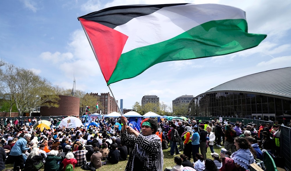 Students gather at a pro-Palestinian student encampment on the campus of the Massachusetts Institute of Technology, Friday, May 3, 2024, in Cambridge, Mass. (AP)