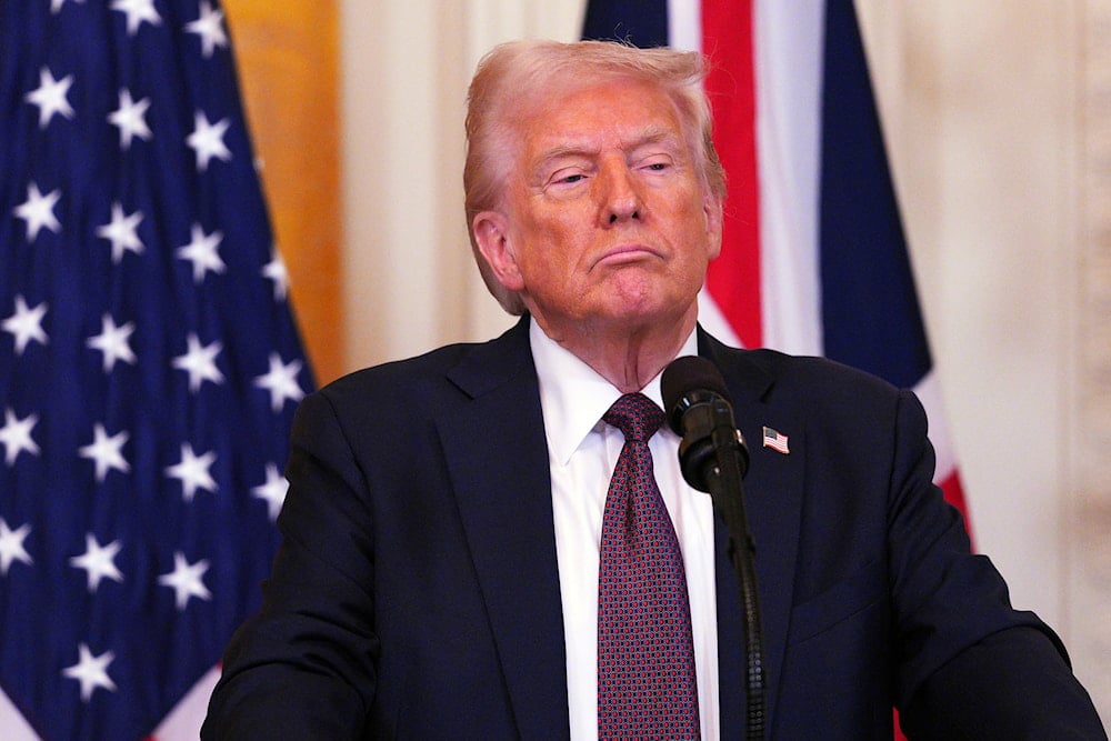 U.S. President Donald Trump speaks during a joint press conference with Britain's Prime Minister Keir Starmer in the East Room at the White House Thursday, Feb. 27, 2025, in Washington. (Carl Court/Pool Photo via AP)