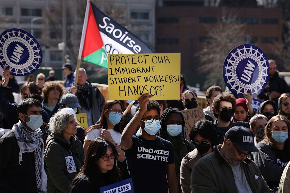 Members of Columbia University's student workers union and their supporters protest the detention of Palestinian activist Mahmoud Khalil and recent actions taken by the Trump administration against the university, Friday, March 14, 2025, in New York. (AP)