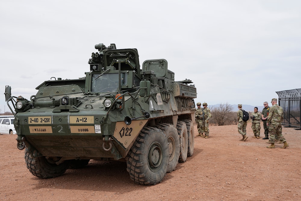 A US Army M1126 Stryker vehicle is placed at the US-Mexico border as part of Joint Task Force Southern Border Thursday, April 3, 2025, in Douglas, Ariz. (AP)