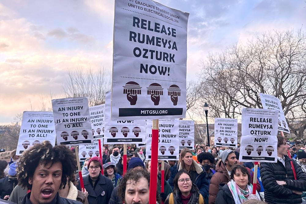 Hundreds of people gather in Somerville, Mass., on March 26, 2025, to demand the release of Rumeysa Ozturk, a Turkish student at Tufts University, who was arrested by federal agents. (AP)