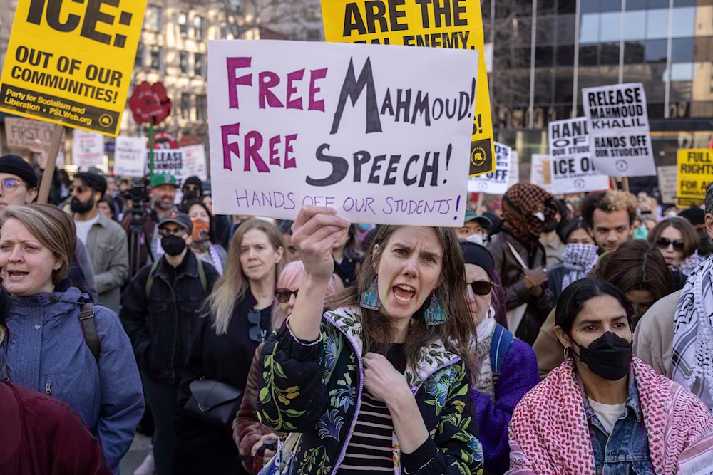 Protesters attend a demonstration in support of Palestinian activist Mahmoud Khalil, March 10, 2025, in New York. (AP)