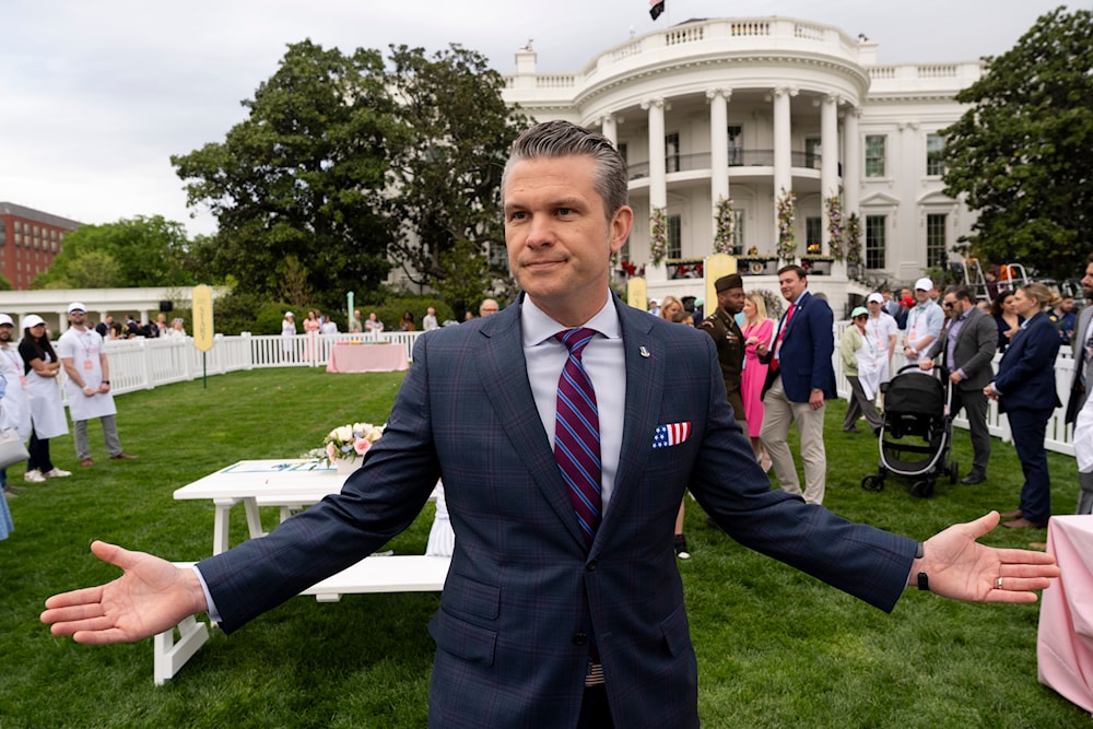 Defense Secretary Pete Hegseth speaks with reporters on the South Lawn of the White House before President Donald Trump and first lady Melania Trump participate in the White House Easter Egg Roll Monday, April 21, 2025, in Washington (AP)
