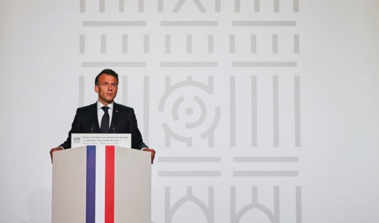 French President Emmanuel Macron speaks during an awards ceremony for those who contributed to the restoration of Notre-Dame Cathedral at the Elysee Palace in Paris, Tuesday April 15 2025 (AP)