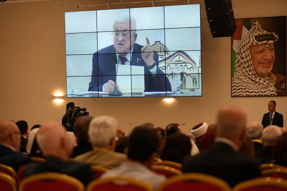 Palestinian President Mahmoud Abbas heads the opening session of the Palestinian Central Council, in the West Bank city of Ramallah Wednesday, April 23, 2025. (AP Photo/Nasser Nasser)