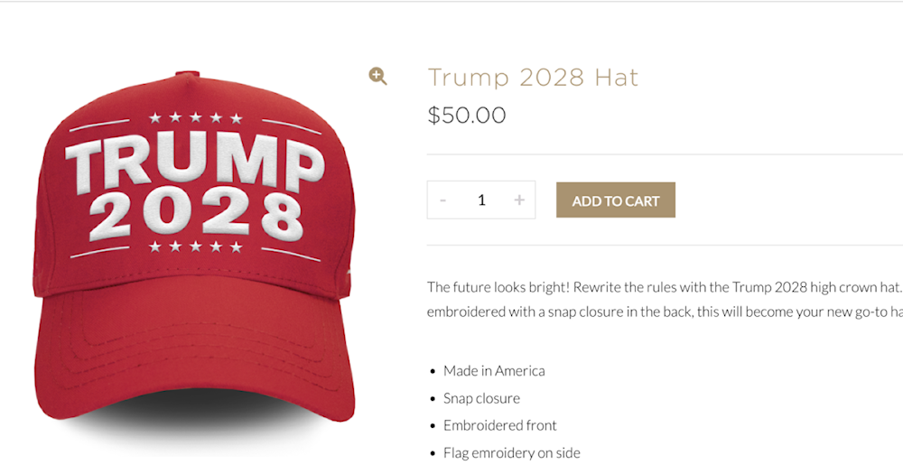 A hat reading 'Trump 2028' listed for sale on the official Trump store (Screengrab)