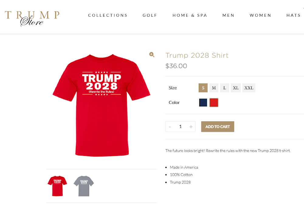 A t-shirt reading 'Trump 2028' listed for sale on the official Trump store (Screengrab) 