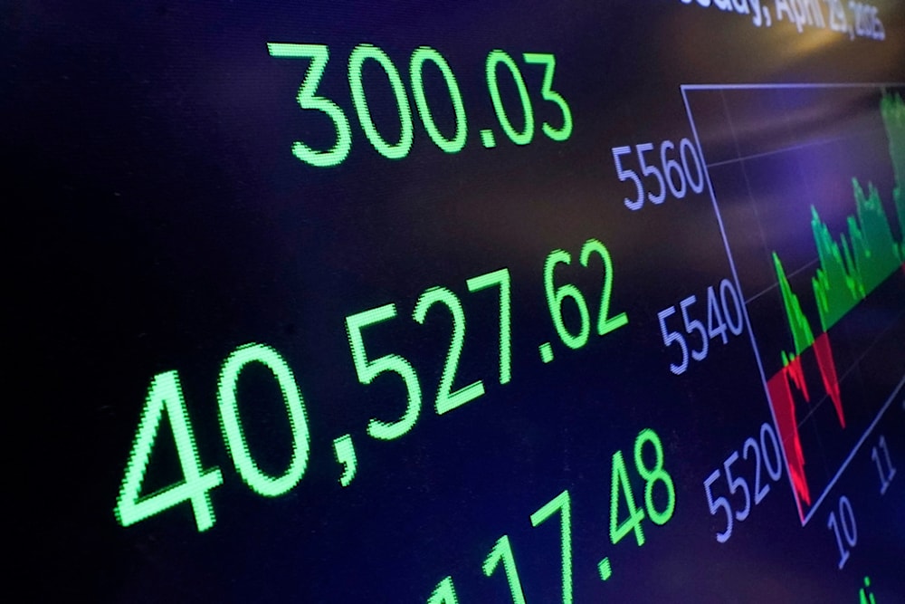 A board above the trading floor of the New York Stock Exchange displays the closing number for the Dow Jones industrial average, Tuesday, April 29, 2025. (AP Photo/Richard Drew)