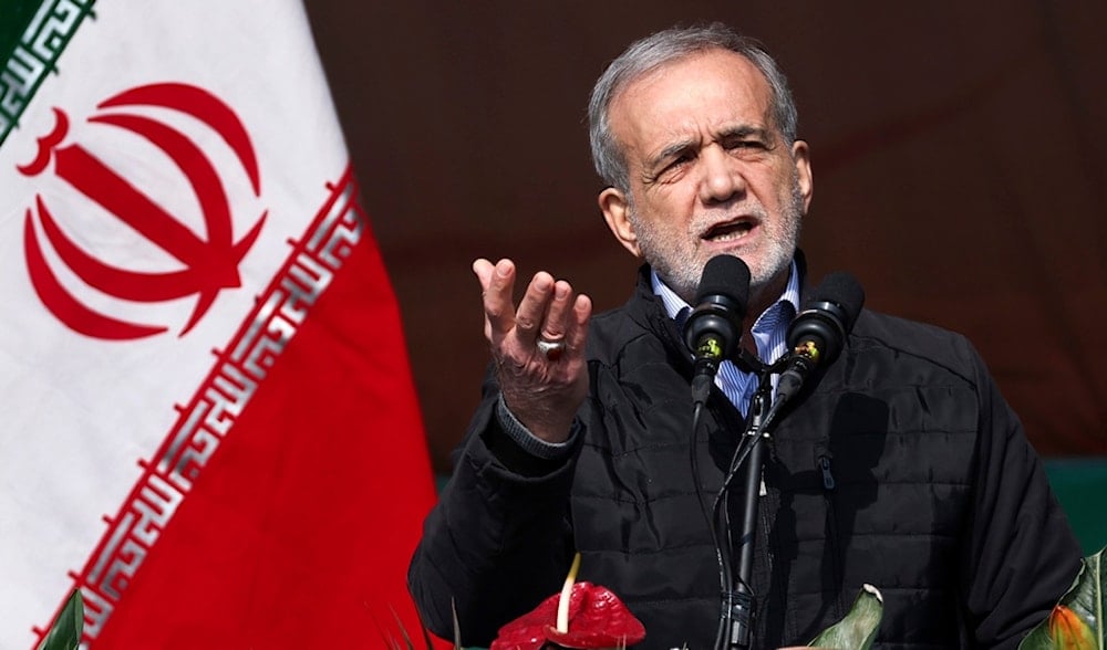 Iranian President Masoud Pezeshkian speaks during a rally commemorating anniversary of 1979 Islamic Revolution in Tehran, Iran, Monday, Feb. 10, 2025. (AP)