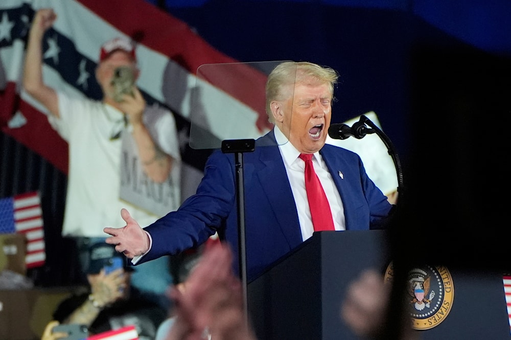 President Donald Trump speaks on his first 100 days at Macomb County Community College Sports Expo Center, Tuesday, April 29, 2025, in Warren, Mich. (AP)