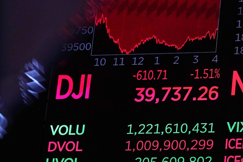 A board above the trading floor shows the closing number for the Dow Jones industrial average at the New York Stock Exchange, Friday, Aug. 2, 2024 (AP)