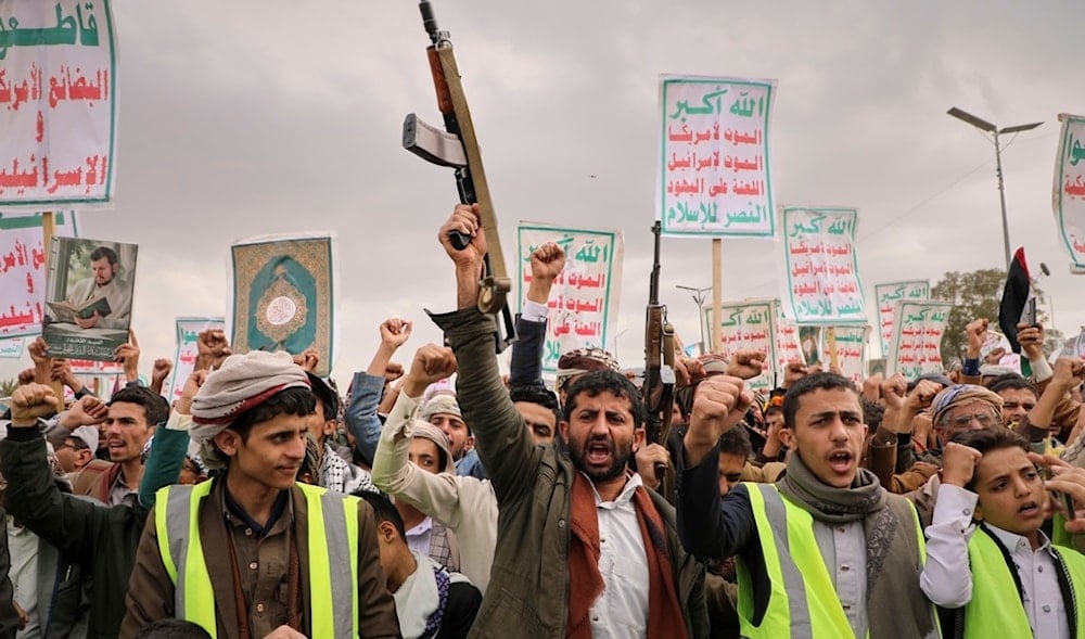 Yemenis chant slogans during a weekly pro-Palestine rally in Sanaa, Yemen, Friday March, 28, 2025. (AP)