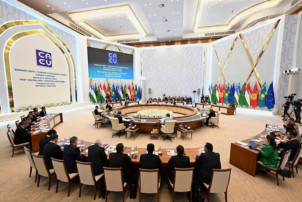 This photo released by Uzbekistan's Presidential Press Office offers a view of the first summit between the leaders of the EU and the five countries of Central Asia in Samarkand, Uzbekistan, on April 4, 2025. (Uzbekistan's Presidential Press Office via AP)