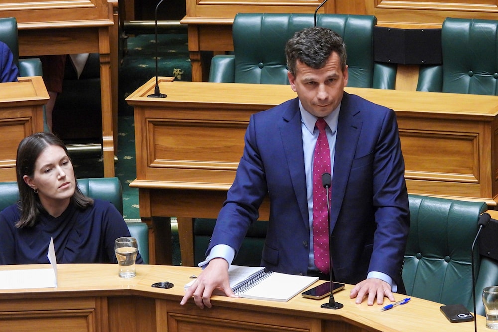 ACT Party leader David Seymour stands during the first debate on the Treaty Principles Bill in Parliament in Wellington, New Zealand, Thursday, Nov. 14, 2024 (AP)