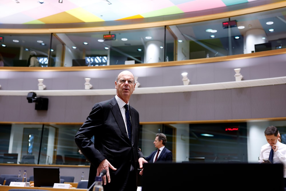 French Finance Minister Eric Lombard arrives for a round table meeting of EU finance ministers at the European Council building in Brussels, Tuesday, Jan. 21, 2025 (AP)