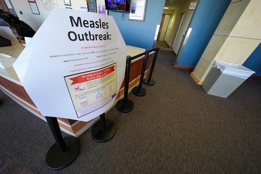 A measles sign is seen at the Texas Tech University Health Sciences Center Tuesday, Feb. 25, 2025, in Lubbock, Texas. (AP)