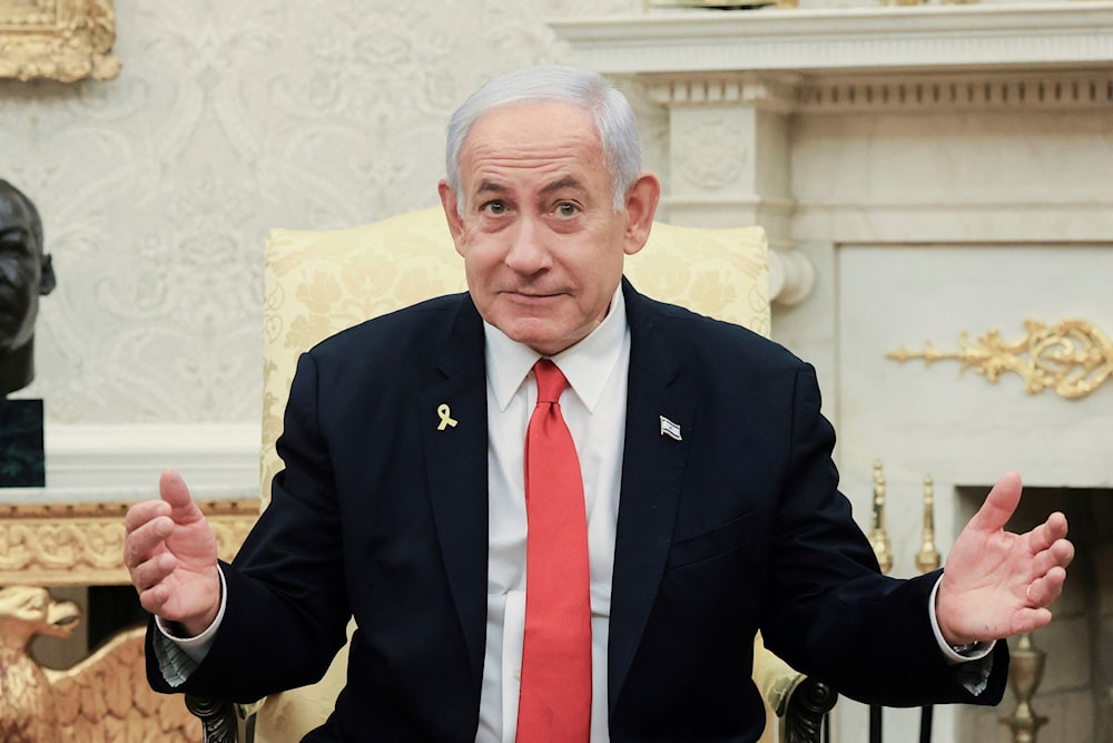 Israeli Prime Minister Benjamin Netanyahu speaks during a meeting with President Donald Trump in the Oval Office at the White House in Washington, Monday, April 7, 2025. (Pool via AP)