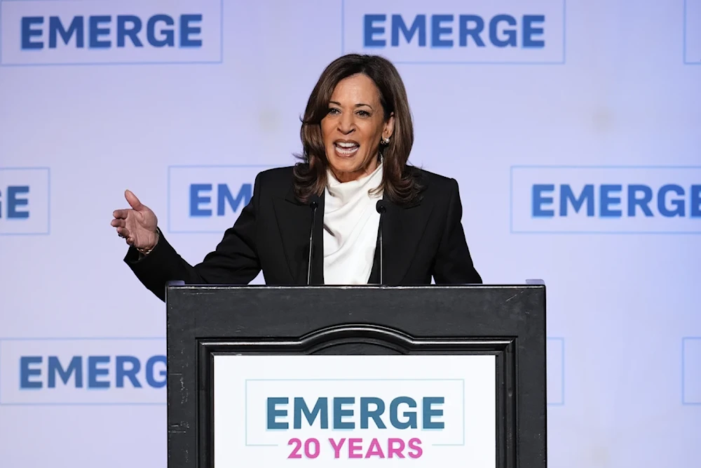 Former Vice President Kamala Harris delivers the keynote speechat thye Emerge 20th Anniversary Gala in San Francisco, April 30, 2025 (AP/Godofredo A. Vasquez)