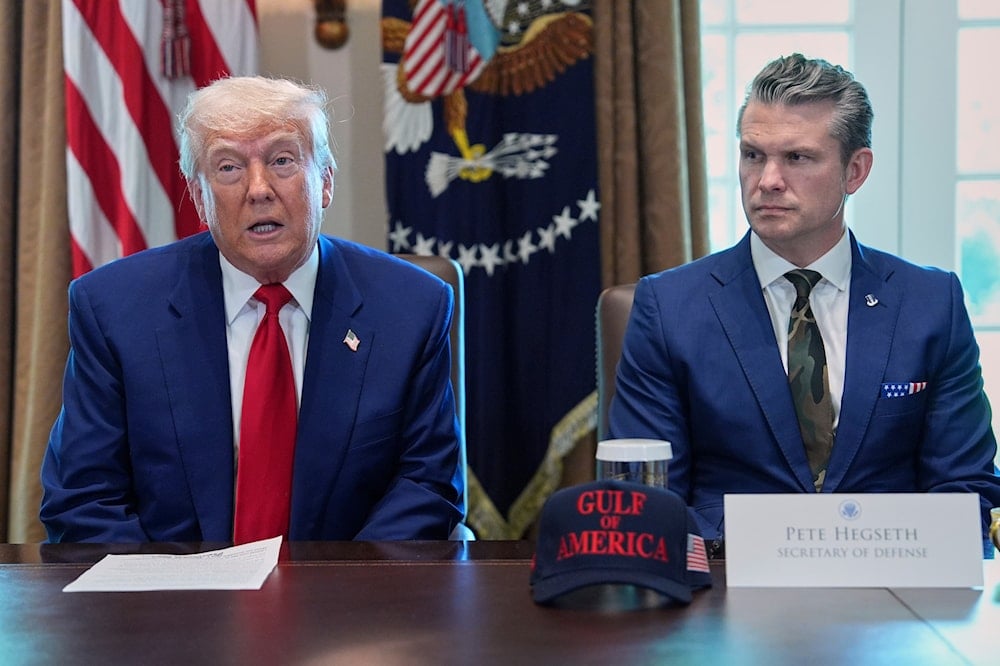 President Donald Trump speaks during a cabinet meeting at the White House, Wednesday, April 30, 2025, in Washington, as Secretary of Defense Pete Hegseth looks on. (AP)