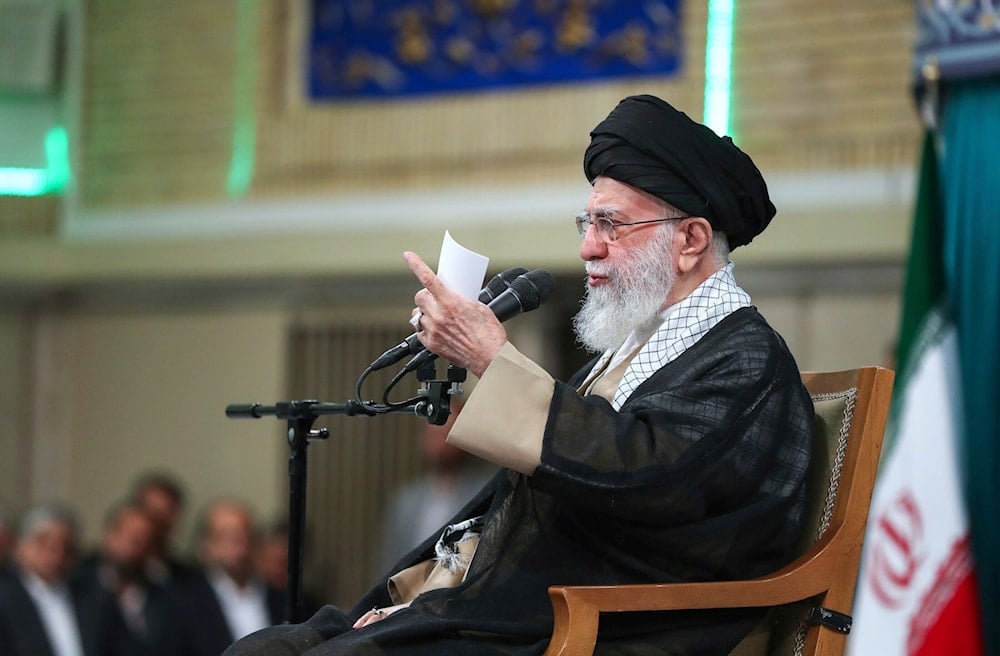 Iranian Leader Ayatollah Ali Khamenei speaks during his meeting with a large group of laborers in Tehran, Iran, Saturday, May 10, 2025 (AP)