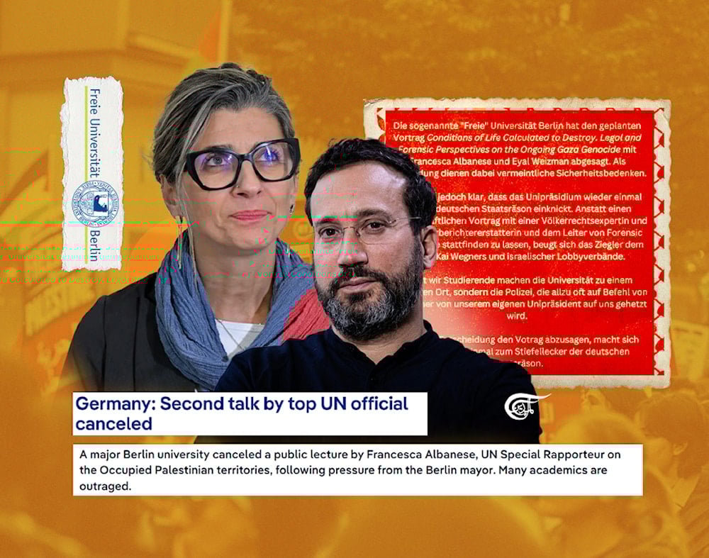 Such is the level of contempt in Germany for the unimaginable suffering Palestinians have been forced to endure for the last 19 months of colonial genocide. (Al Mayadeen English; Illustrated by Zeinab El-Hajj)
