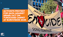 Activists protest for Gaza against Israeli act on turquoise carpet at Eurovision 2025