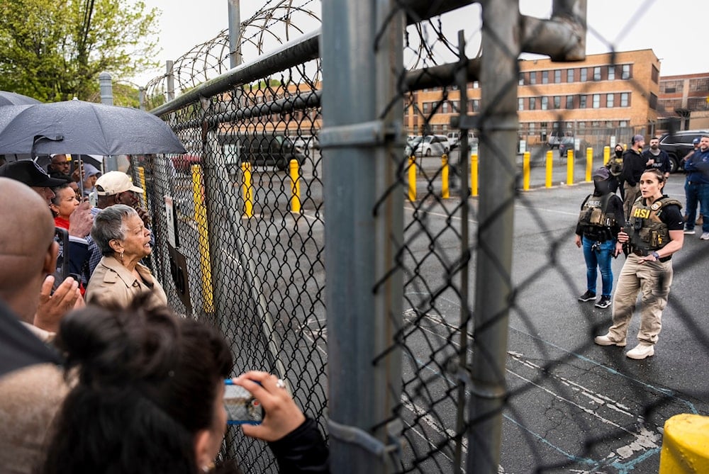 Rep. Bonnie Watson Coleman, D-N.J., speaks with an officer demanding she be let into the ICE Detention office after the arrest of Newark Mayor Ras Baraka, Friday, May 9, 2025, in Newark, N.J. (AP)