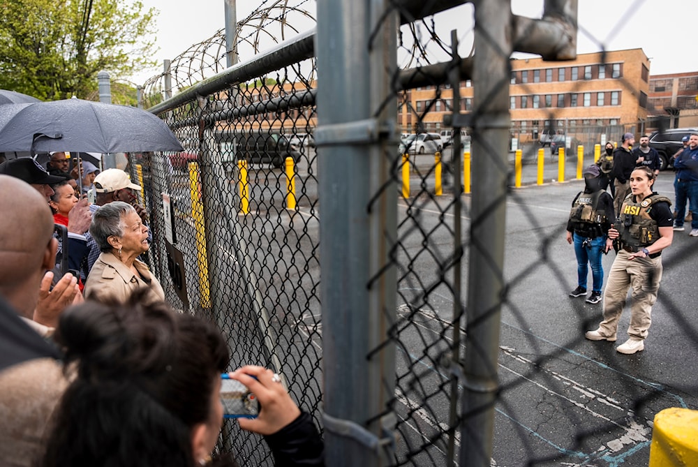 Rep. Bonnie Watson Coleman, D-N.J., speaks with an officer demanding she be let into the ICE Detention office after the arrest of Newark Mayor Ras Baraka, Friday, May 9, 2025, in Newark, N.J. (AP)