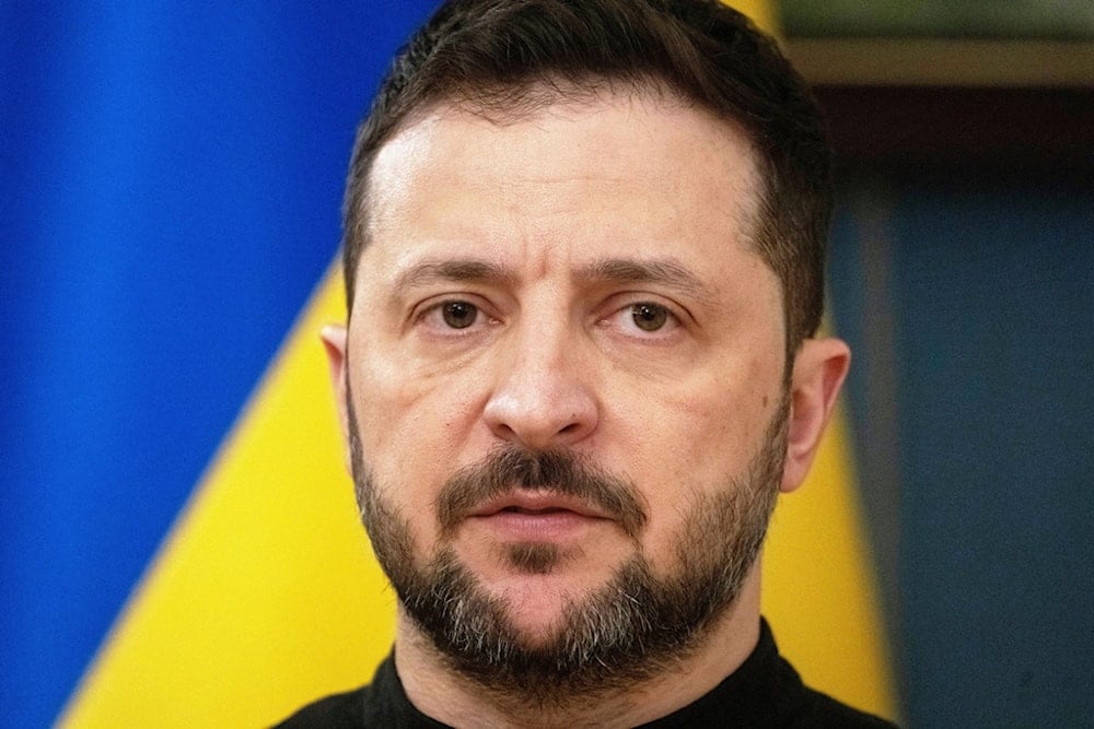 Ukrainian President Volodymyr Zelensky speaks during a briefing in Kiev, Ukraine, Tuesday, March 25, 2025. (AP Photo/Efrem Lukatsky)