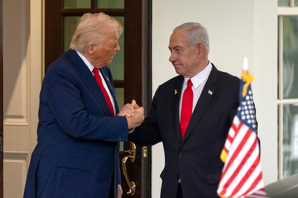 President Donald Trump, left, shakes hands with Israeli Prime Minister Benjamin Netanyahu as he leaves the West Wing of the White House, Monday, April 7, 2025, in Washington (AP)