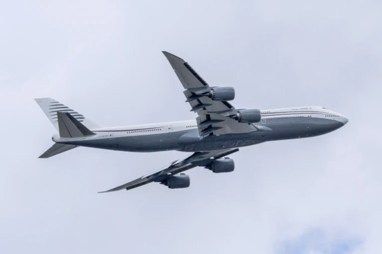 A 13-year-old private Boeing aircraft that President Donald Trump toured on Saturday takes off from Palm Beach International Airport, February 16, 2025, in West Palm Beach, Florida (AP/Ben Curtis)