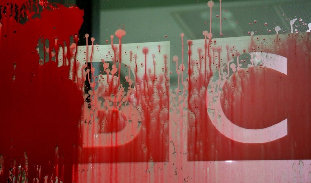 The scene at BBC Broadcasting House in London, after red paint was sprayed over the entrance. (AP)