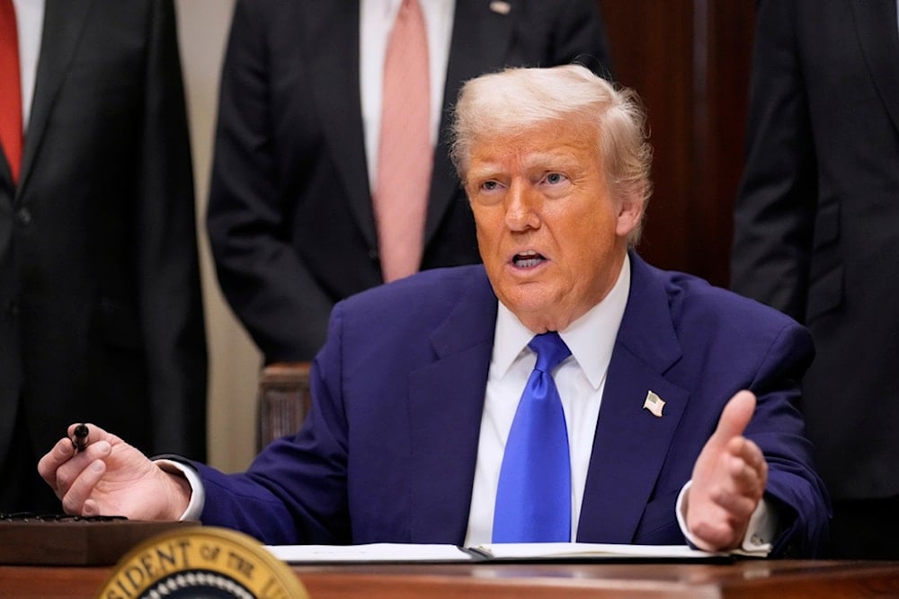 President Donald Trump speaks while signing an executive order related to drug prices, in the Roosevelt Room of the White House in Washington, Monday, May 12, 2025, in Washington (AP)