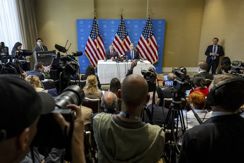 US Trade Representative Jamieson Greer, left, and US Secretary of the Treasury Scott Bessent take part in a press conference, Geneva Switzerland, May 12, 2025 (Jean-Christophe Bott/AP)
