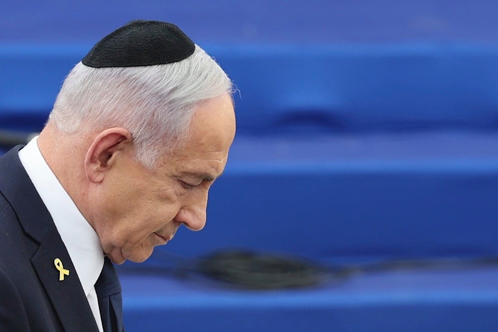 Israeli Prime Minister Benjamin Netanyahu speaks during an annual ceremony in al-Quds, Occupied Palestine, April 29, 2025 (AP)